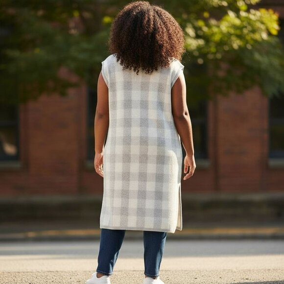 Lane Bryant Womens Plaid Duster Sweater Vest Open Front Gray & White 18/20 - Picture 8 of 14
